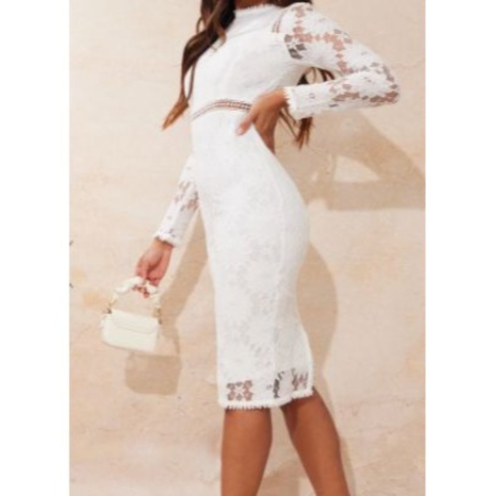CARIS WHITE LONG SLEEVE LACE BODYCON DRESS